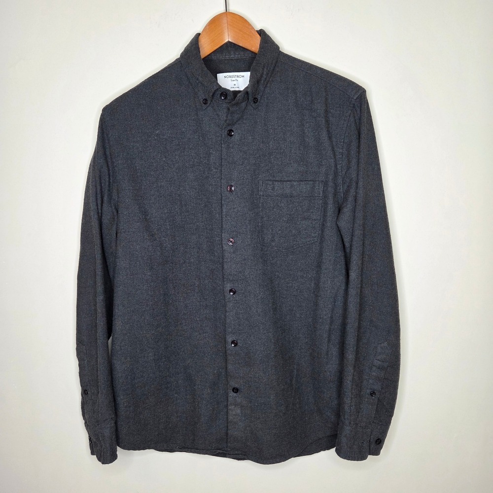 Nordstrom Trim Fit Mens Medium Charcoal Gray Thermolite Cotton Flannel Shirt